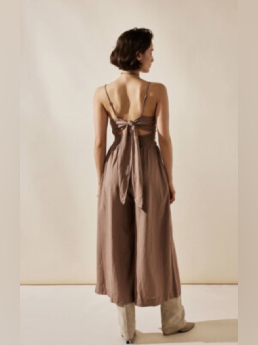 Free People Endless Summer Day Glow One Piece Smocked cutouts Jumpsuit Taupe M - Picture 2 of 9